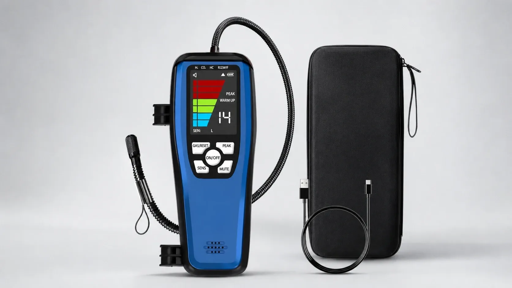 Blue and black handheld gas detector with flexible probe and zippered carrying case on a light grey background.
