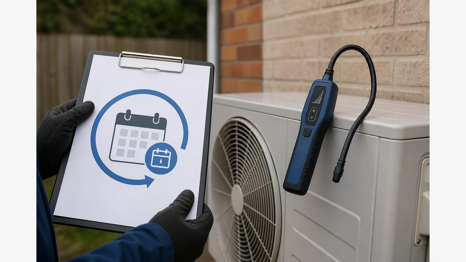 UK engineer job card reminding a one-month post-repair F-gas leak recheck next to a portable refrigerant sniffer