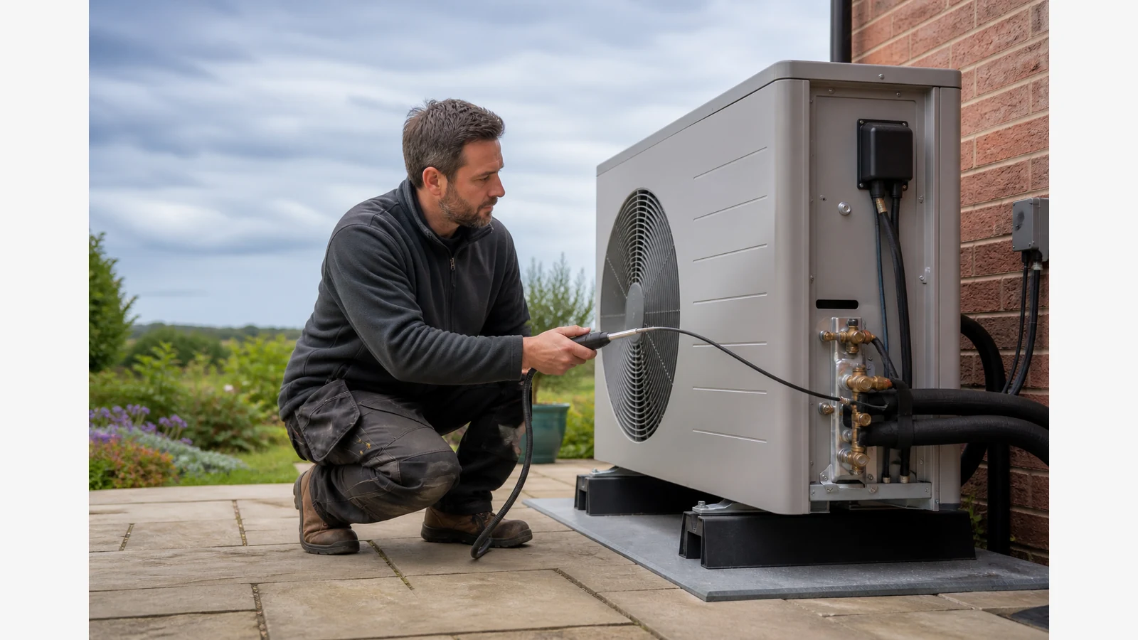 Engineer scanning a UK heat pump outdoor unit refrigerant joints with a flexible-probe electronic leak detector