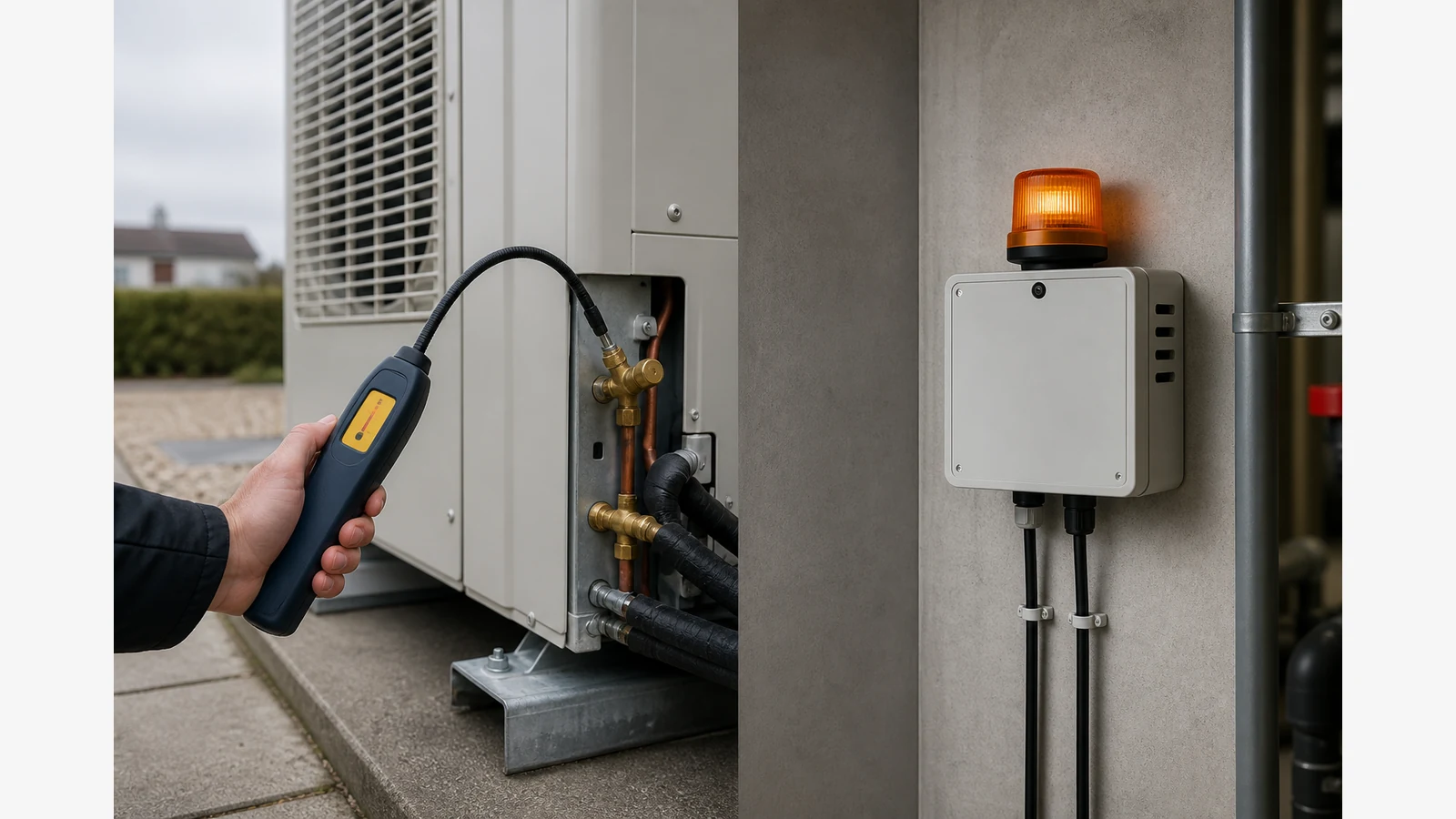 Illustration comparing a portable refrigerant sniffer on a heat pump outdoor unit with a fixed plant-room refrigerant monitor